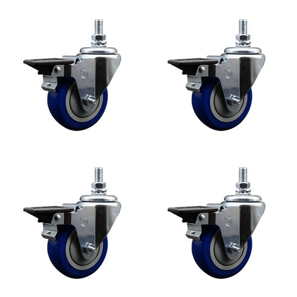 Service Caster 35 Inch Blue Polyurethane 10 MM Threaded Stem Caster Set with Brake SCC-TS20S3514-PPUB-BLUE-PLB-M1015-4